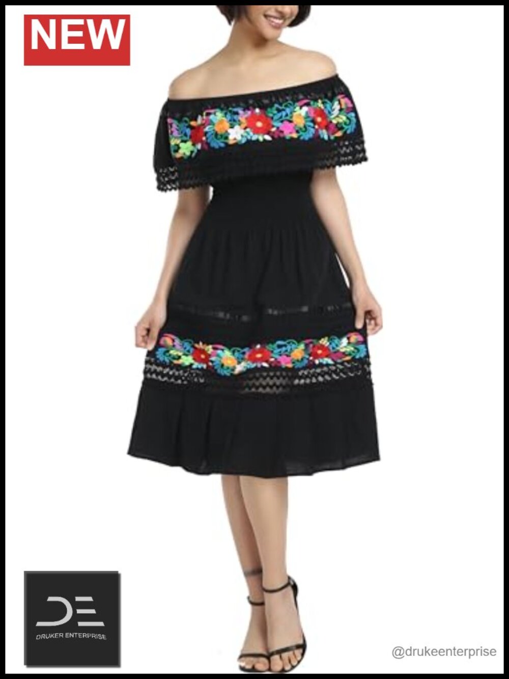 Mexican Embroidered Off-Shoulder Ruffle Party Dress Boho Fiesta